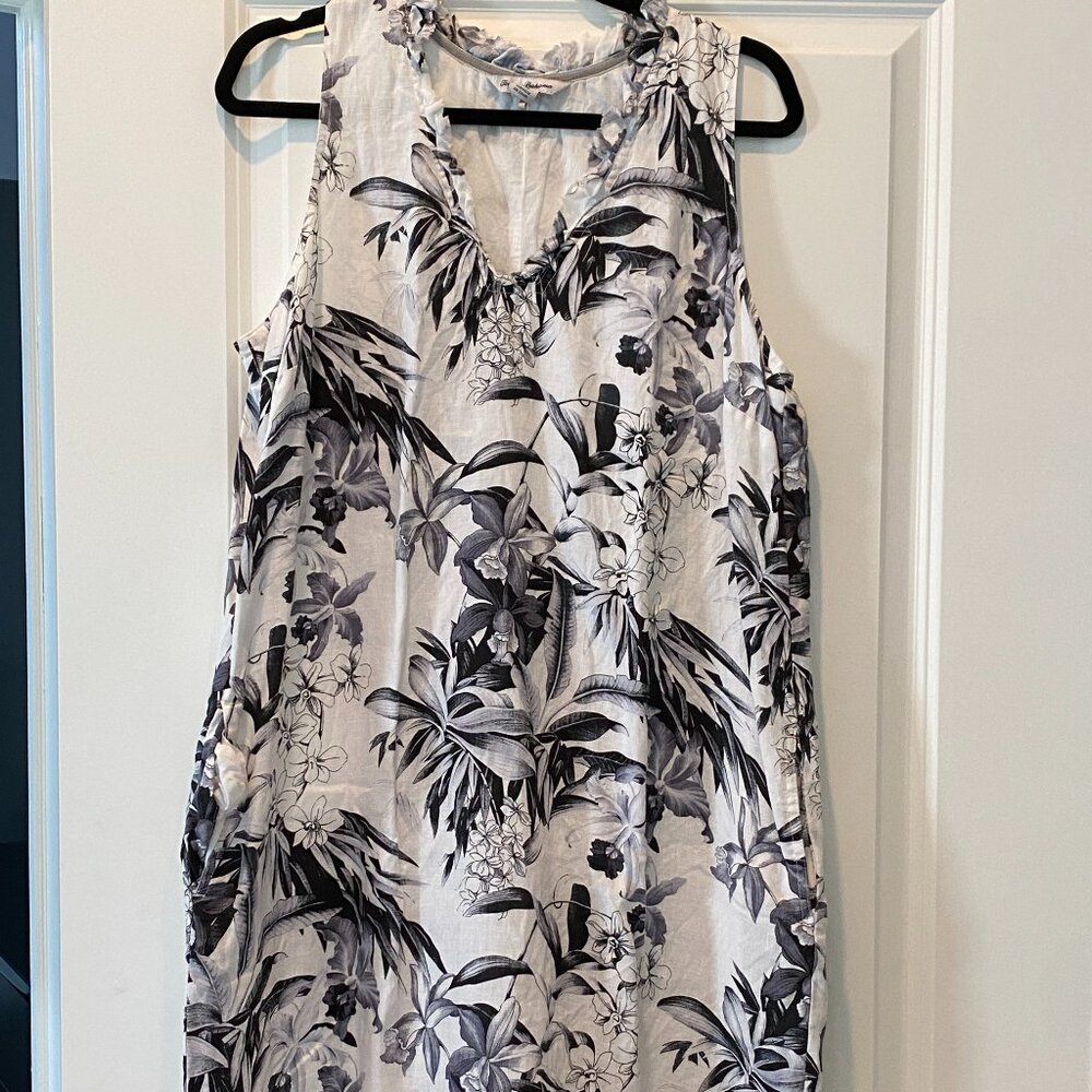 Tommy Bahama Two Palms Ruffled Linen Dress Black and White